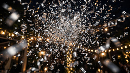 Silver confetti and ribbons flying in the air at night party