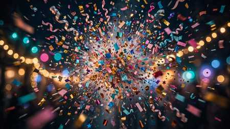 Colorful confetti flying in the air with bokeh background
