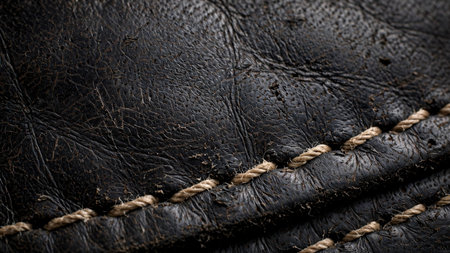 Leather texture with rope. Close up of black leather background.