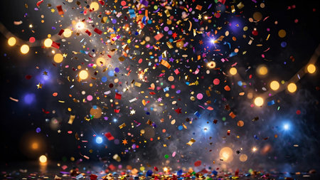 Celebration background with confetti and bokeh lights.