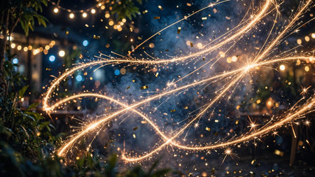 Sparkler firework in the garden at night. New Year and Christmas concept