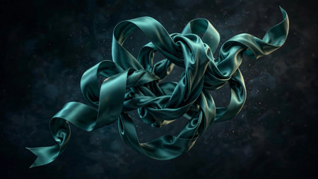 3d rendering of abstract background with green satin ribbon flying in space