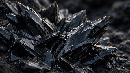 Close-up of broken piece of black coal on black volcanic sand