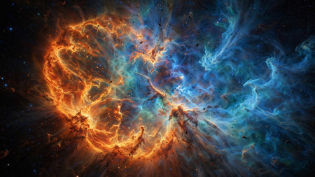 Fiery explosion in space. Abstract space background. Collage.
