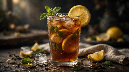 Iced cola with lemon, mint and ice cubes on rustic background