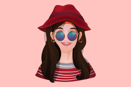 Girl portrait pose in vintage fashion style, wear sunglasses, earrings, cute red hat, vector illustration for any content with cute fashion girl.のイラスト素材