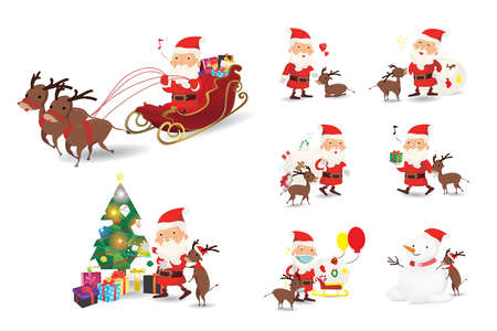 Cartoon Christmas character illustrations set. Funny happy Santa Claus and raindeer, bag with presents, Sleigh and christmas tree, waving and greeting, For Christmas cards, banners, tags and labels.のイラスト素材