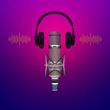 Autonomous sensory meridian response, ASMR vector realistic graphic show the condenser microphone wear the headphone on the white background.のイラスト素材