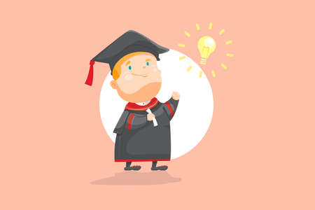 The intelligent boy graduated,the boy in academical dress, subfusc with bright sign (light bulb), smart kid success in achievement on egg color background, flat vector illustration.のイラスト素材