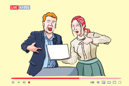 Couple of influencers live the show, Performers boardcasting on air in the studio, vloggers livestreaming on air their channel, content for contributor, flat vector illustration.のイラスト素材