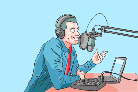 Influencer boardcasting in studio, DJ live in studio, Speaker speech make audience motivation, podcaster livestreaming for follower, content for contributor, flat vector illustrationのイラスト素材