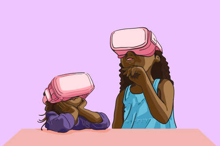Little girls wearing virtual reality device (VR), kids learning how to use vr device and...
