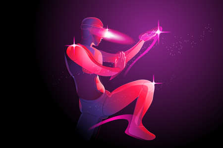 The man posing prepare to fight, by wearing virtual reality machine (VR), imagination to fight someone in digital world, tai chi, kung fu, karate, taekwondo, jujutsu, vector illustration in violet.のイラスト素材