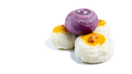 Group of chinese pastries, durians, purple potatoes, red bean, on the white background.の写真素材