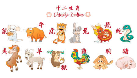 Funny animal in the Chinese zodiac, Rat, ox, tiger, rabbit, dragon, snake, horse, sheep, monkey, rooster, dog, pig. Chinese calendar(translation 12 chinese zodiac)cartoon vector illustration on white.のイラスト素材