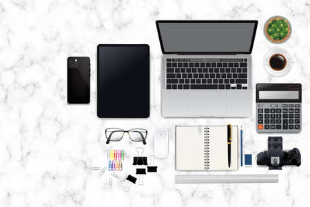 Realistic workspace elements, workplace on desk top view,Modern Technology working Place on marble...