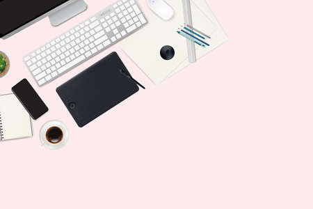 Realistic workspace elements. workplace with elements on desk top view, Modern Technology working...