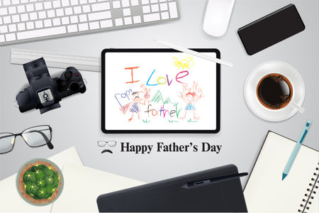 Happy father's day, Tablet shown children drawing picture message about how deep their love them father. digital lifestyle on new century, vector illustration on shiny gray background.のイラスト素材