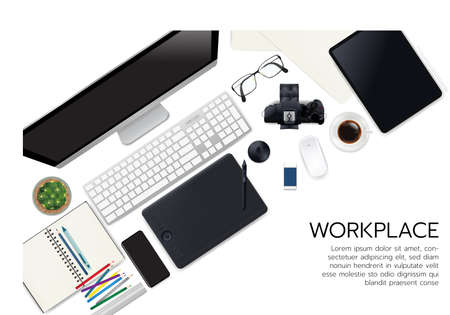 Realistic workspace elements. workplace with elements on desk top view. Modern Technology working Place. plant, keyboard, cup of coffee,  smartphone, monitor, writing item vector graphic on white background.のイラスト素材