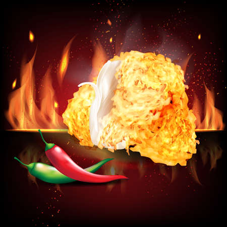 Chicken parts fried with red and green chilly on red black fire 3d realistic vector illustrationのイラスト素材