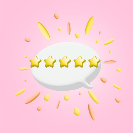 3d five golden stars on bubble with booming effect on pink for rating or feedback review