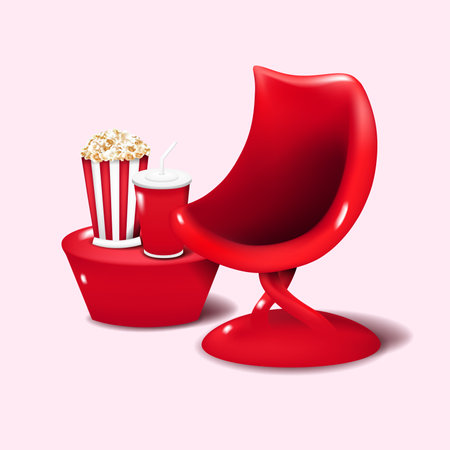 Cute 3d popcorn and soft drink with comfortable chair graphic vector illustration isolate on pinkのイラスト素材