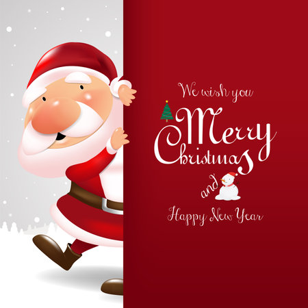 Santa Claus with big red message board Merry Christmas and Happy New Year Holiday greeting cardのイラスト素材