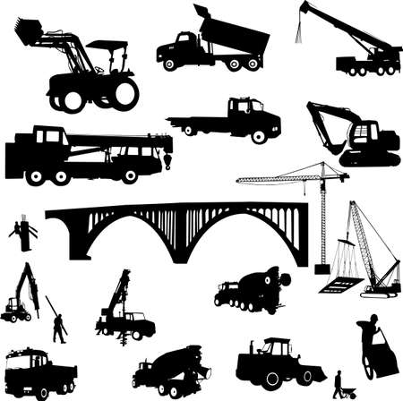construction objects vector (crane - worker - building - skimmer)のイラスト素材