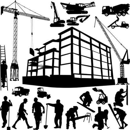construction objects vector (crane - worker - building - skimmer)のイラスト素材
