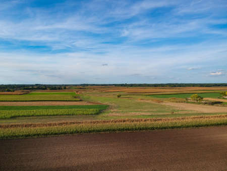 Aerial top view of a different agriculture fields in countrysideの写真素材