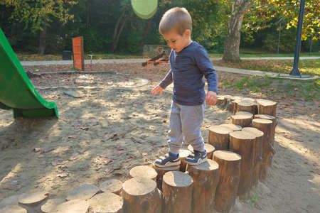Cute 3 year old boy having fun on a playground outdoors in autumnの写真素材