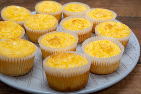 Freshly baked muffins with eggs, cheese, baconの写真素材