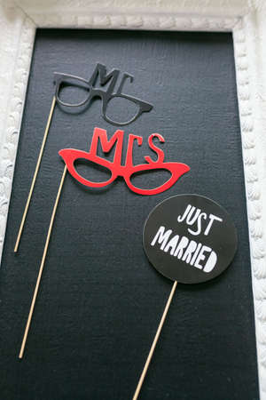 Just married - decoration on tableの写真素材