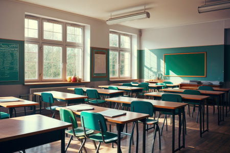 An empty classroom with desks neatly arranged in rowの素材