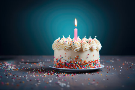 Birthday cake with white frosting and colour birthday candle ready for a birthday party, blue backgroundの素材