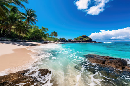 White sandy tropical beach with palms and soft sunlight backgroundの素材