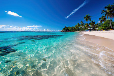 Most beautiful beach, where palm trees sway gently in the breeze, and the crystal-clear waters invite you to take a refreshing dip in the ocean.の素材