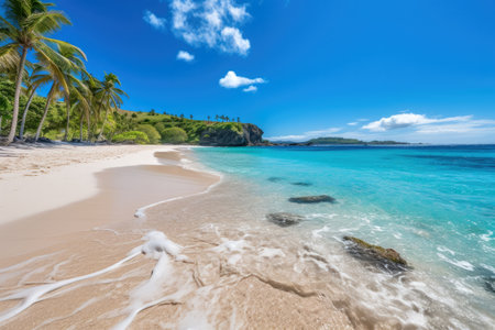 Untouched sandy beach with palms trees and azure ocean in backgroundの素材
