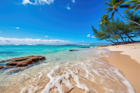 Most beautiful beach, where palm trees sway gently in the breeze, and the crystal-clear waterの素材