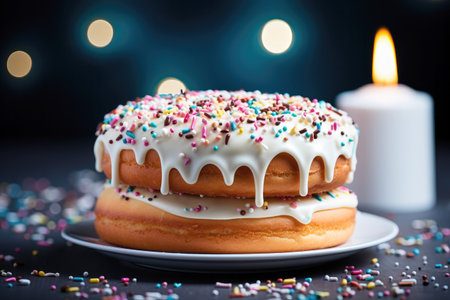 Colorful birthday cake with sprinkles and white frosting with a candle in the backgroundの素材