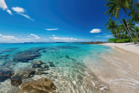 Sunny beach with coconut tree overlooking island and cloudy blue sky clean beachfrontの素材
