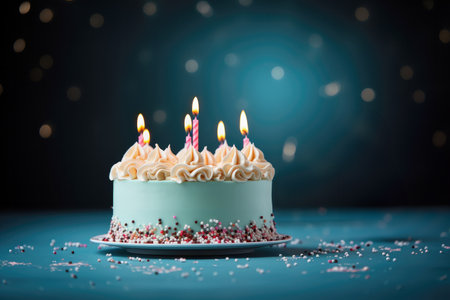 Birthday cake with blue frosting and colour birthday candles ready for a birthday party, blue backgroundの素材