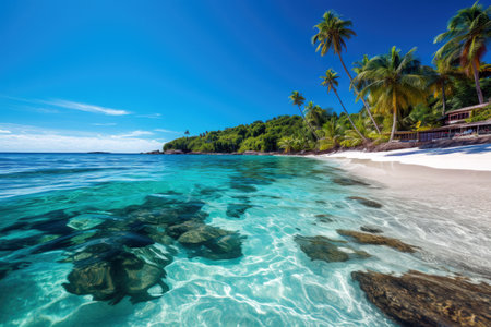Untouched sandy beach with palms trees and azure ocean in backgroundの素材