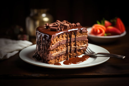 Slice of chocolate layered birthday cake . Chocolate frosting dessert.の素材