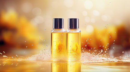 Sunny Beauty - Two Yellow Cosmetics Bottles on Glass Displayの素材