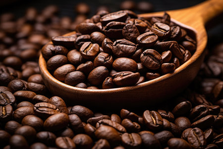 Coffee beans with wooden scoop on a rustic tableの素材