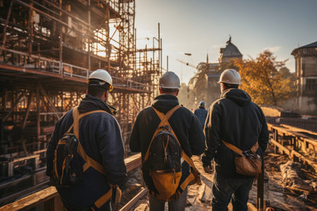 Construction workers discussing next steps on a construction siteの素材