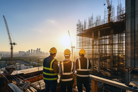 Workers in hard hats and safety vests talking about the next phase of constructionの素材