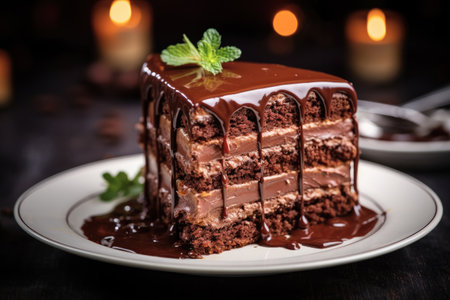 Slice of chocolate cake stuffed with brown creamの素材