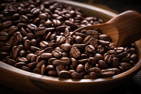Coffee beans on old wooden backgroundの素材